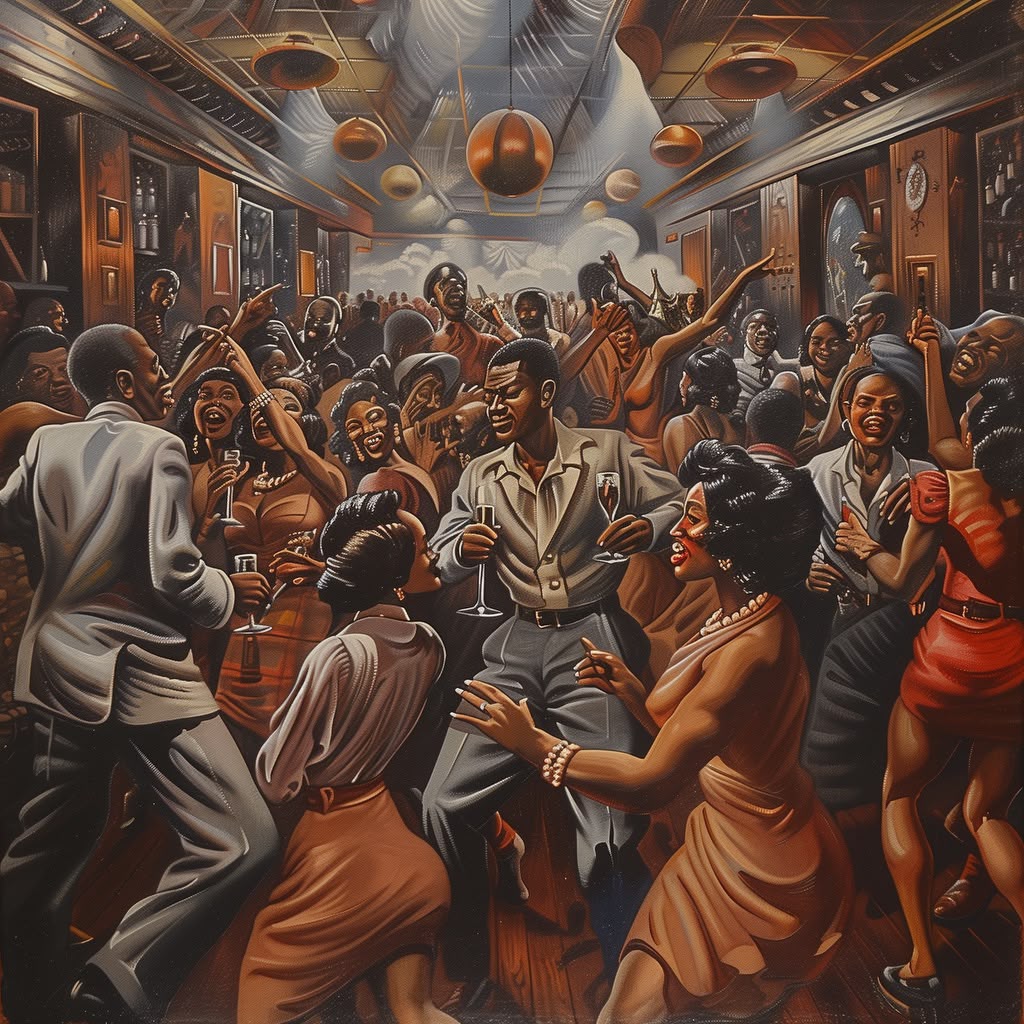 An illustrated crowd dressed for a joyful night out