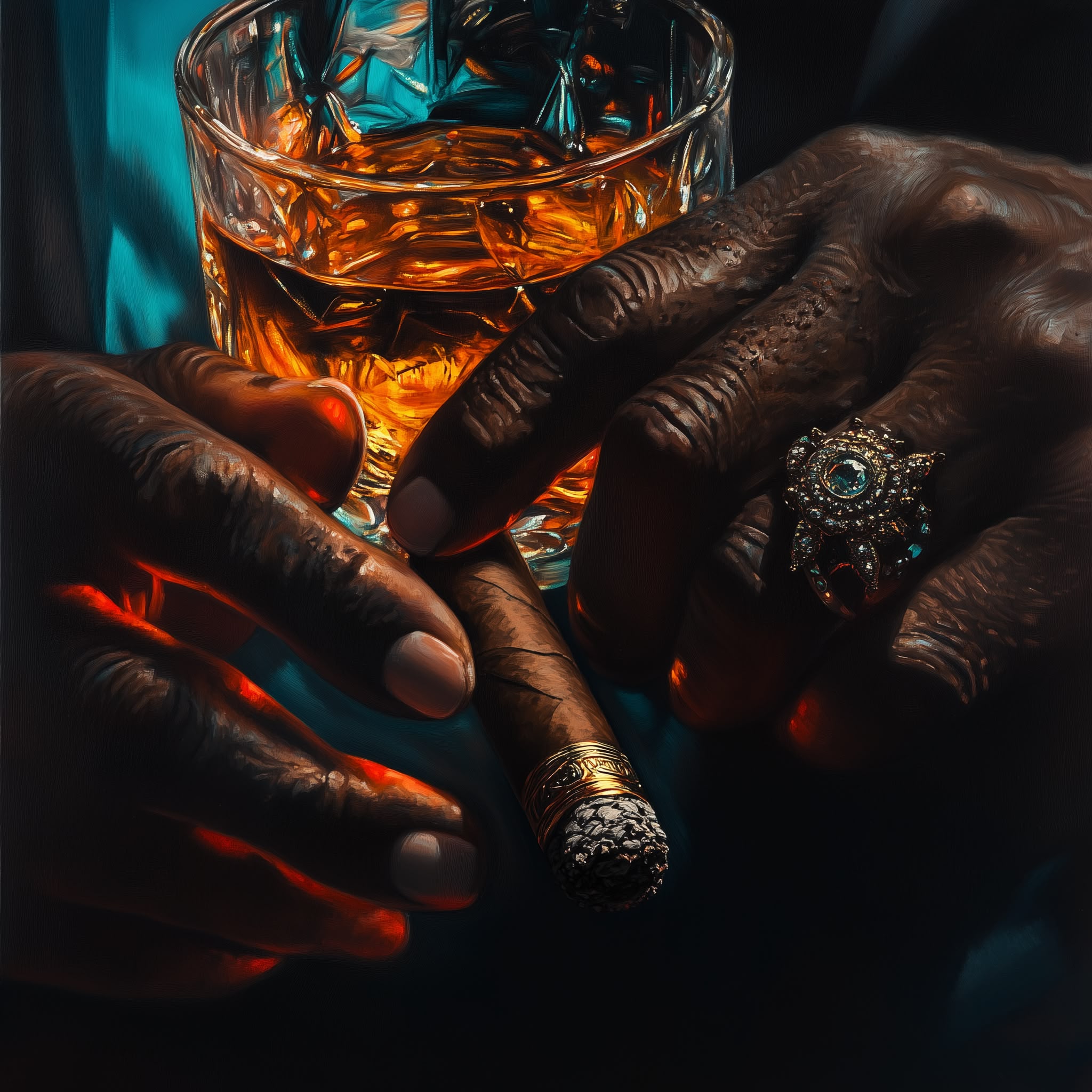 A close-up of a composed drink and cigar