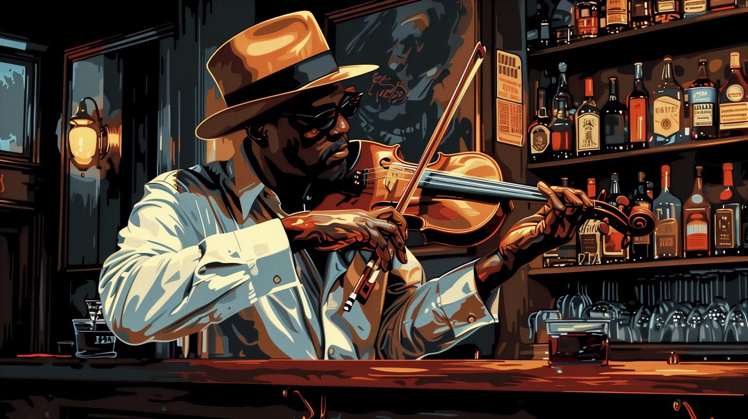 A musician performing beside the bar
