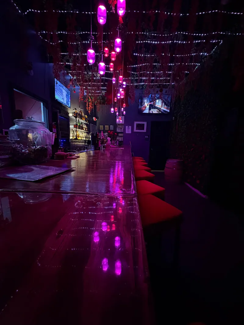 Purple lighting and reflections along the Intertwine bar
